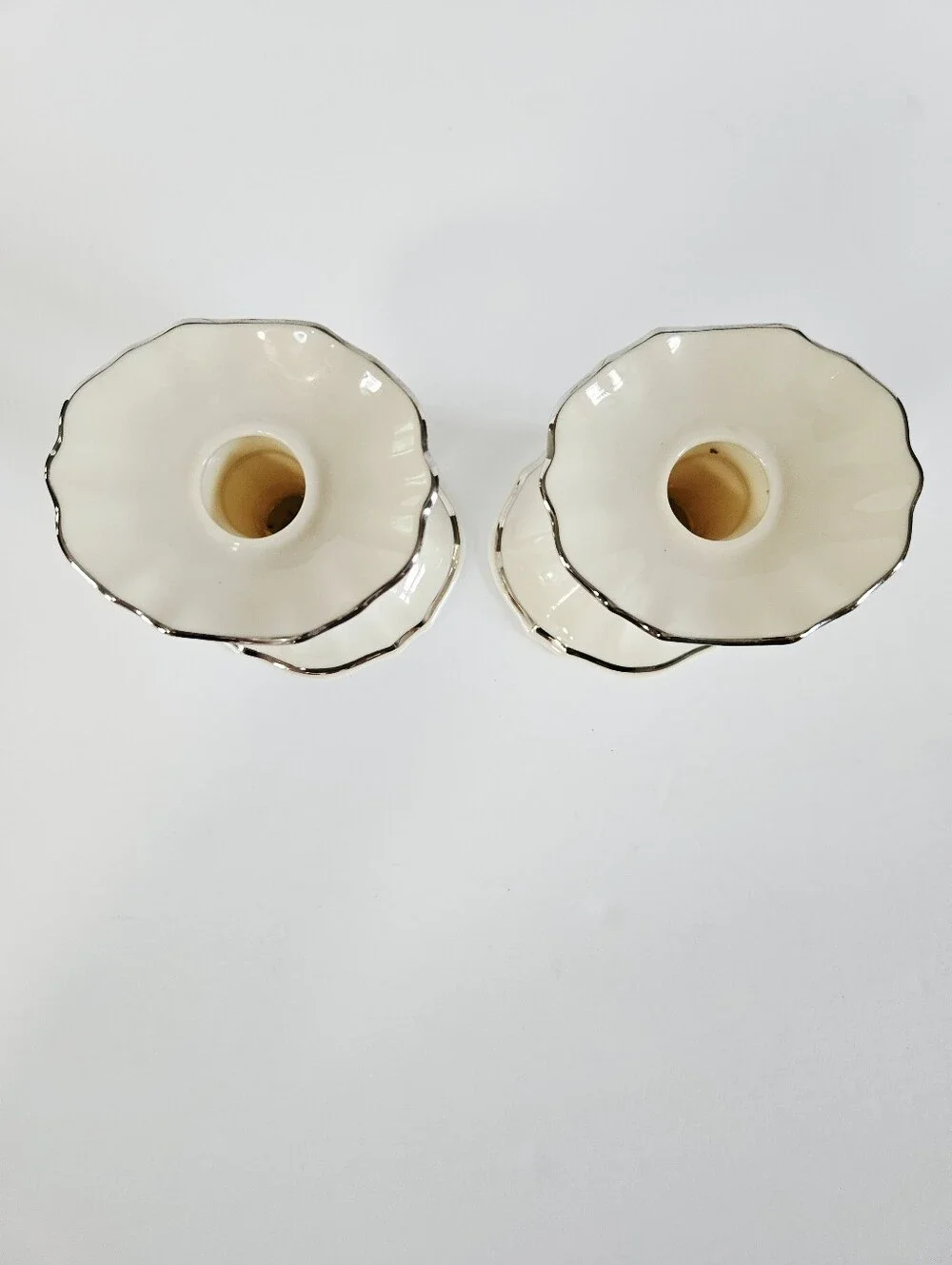 Lenox China Vintage Symphony Pattern Porcelain Candlesticks Ivory Platinum Trim